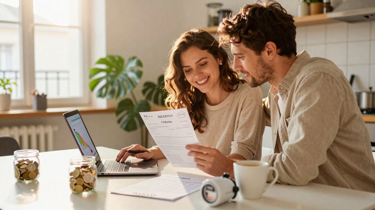 Casal jovem analisando contas com laptop e cofrinhos de moedas numa cozinha iluminada pela manhã.