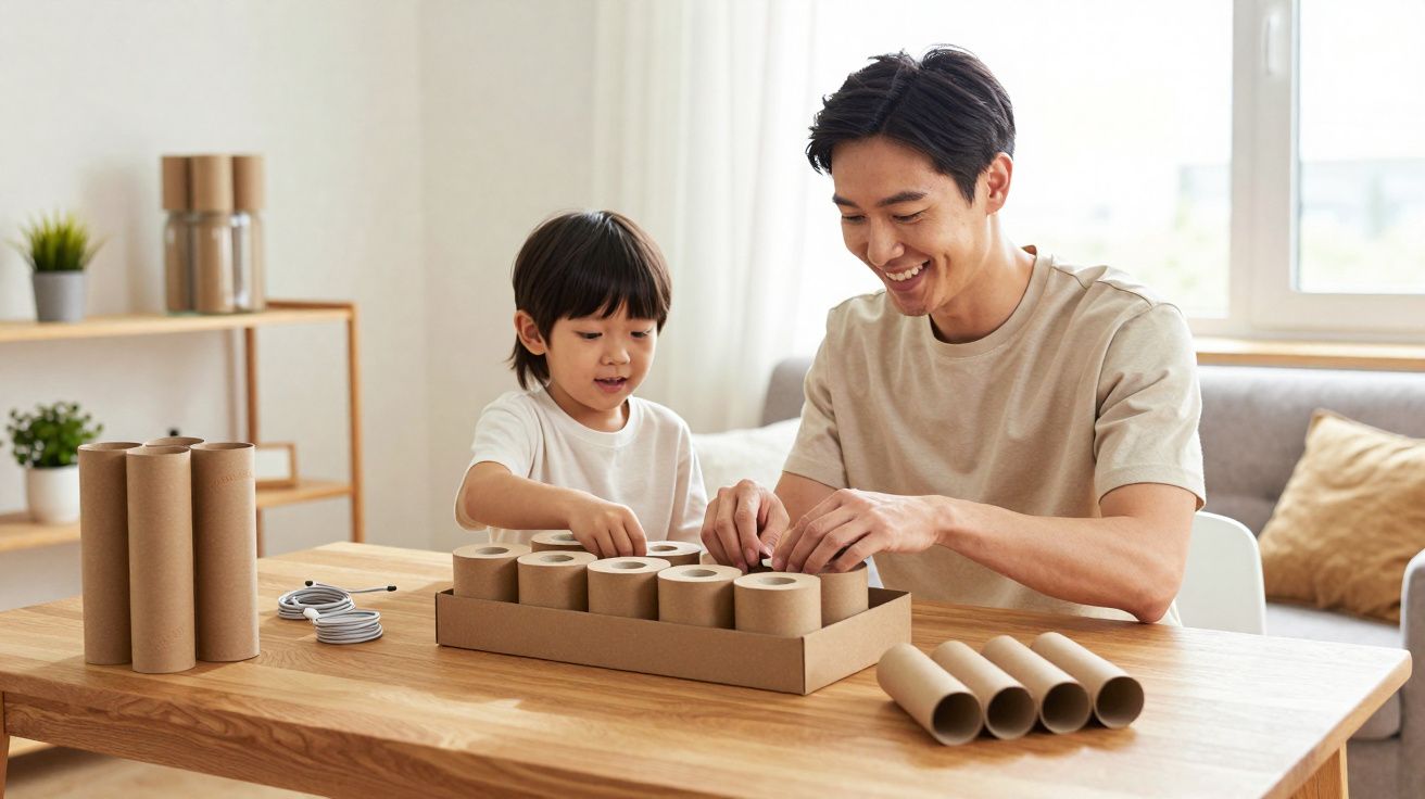 Pai e filho brincando juntos com tubos de papelão em uma mesa em casa.