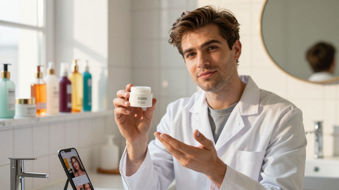 Homem de jaleco branco segurando pote de creme facial, com celular exibindo rosto de mulher, em banheiro.