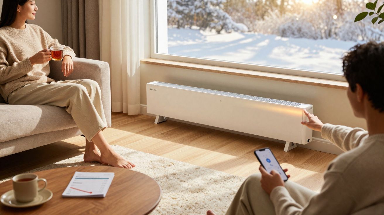 Casal em sala de estar com calefator próximo à janela com neve, mulher segura xícara de chá e homem usa celular.