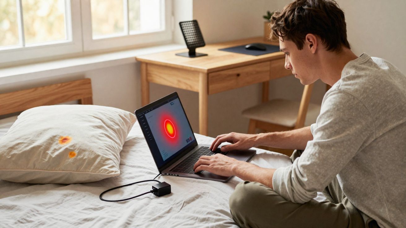 Homem sentado na cama usando laptop que exibe mapa de calor para detectar manchas no travesseiro.