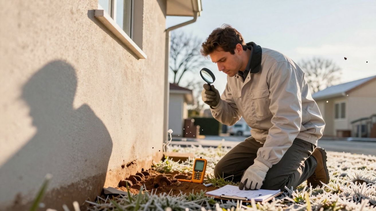 Homem agachado usando lupa para examinar solo perto da parede de uma casa em dia frio.