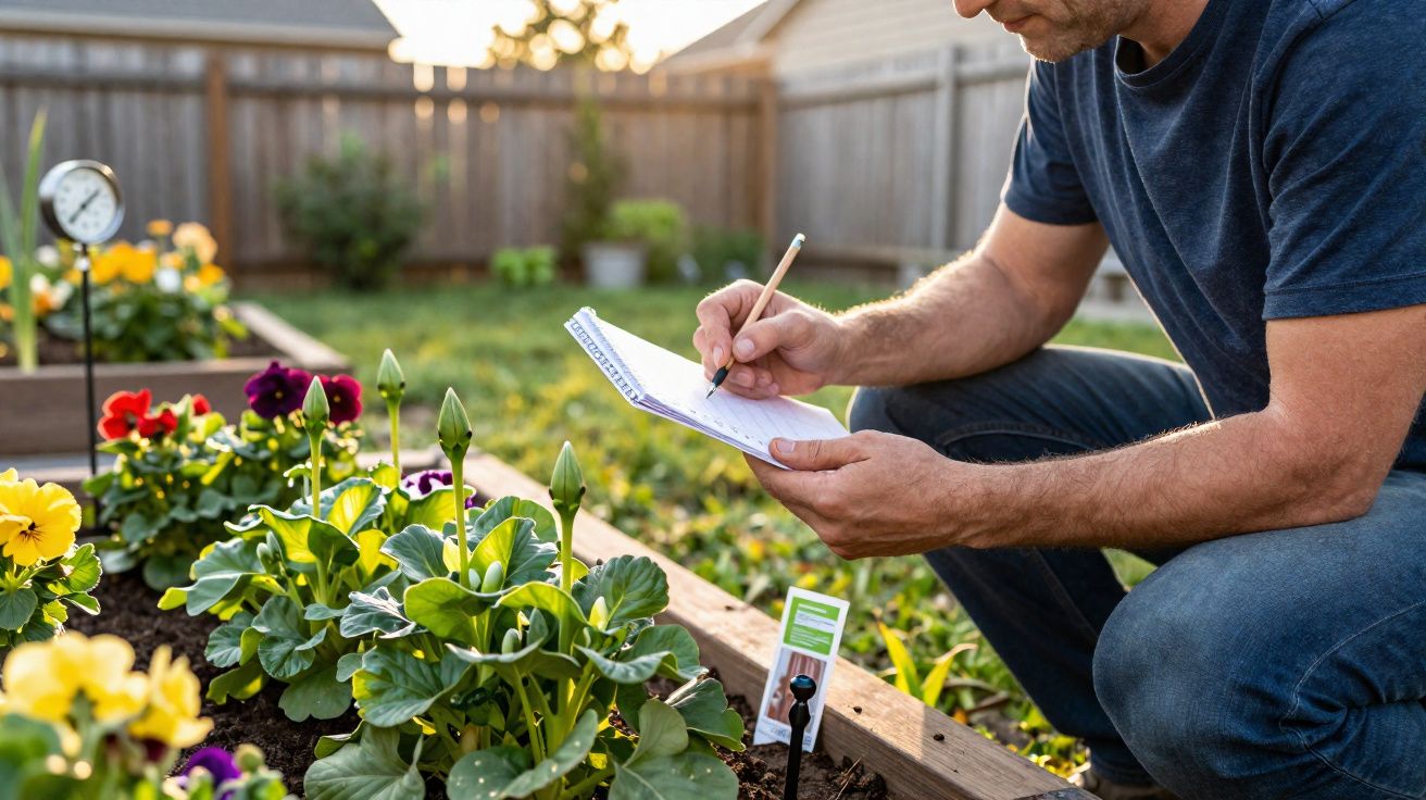 Homem anotando em caderno ao lado de plantas floridas em canteiro elevado no jardim doméstico.