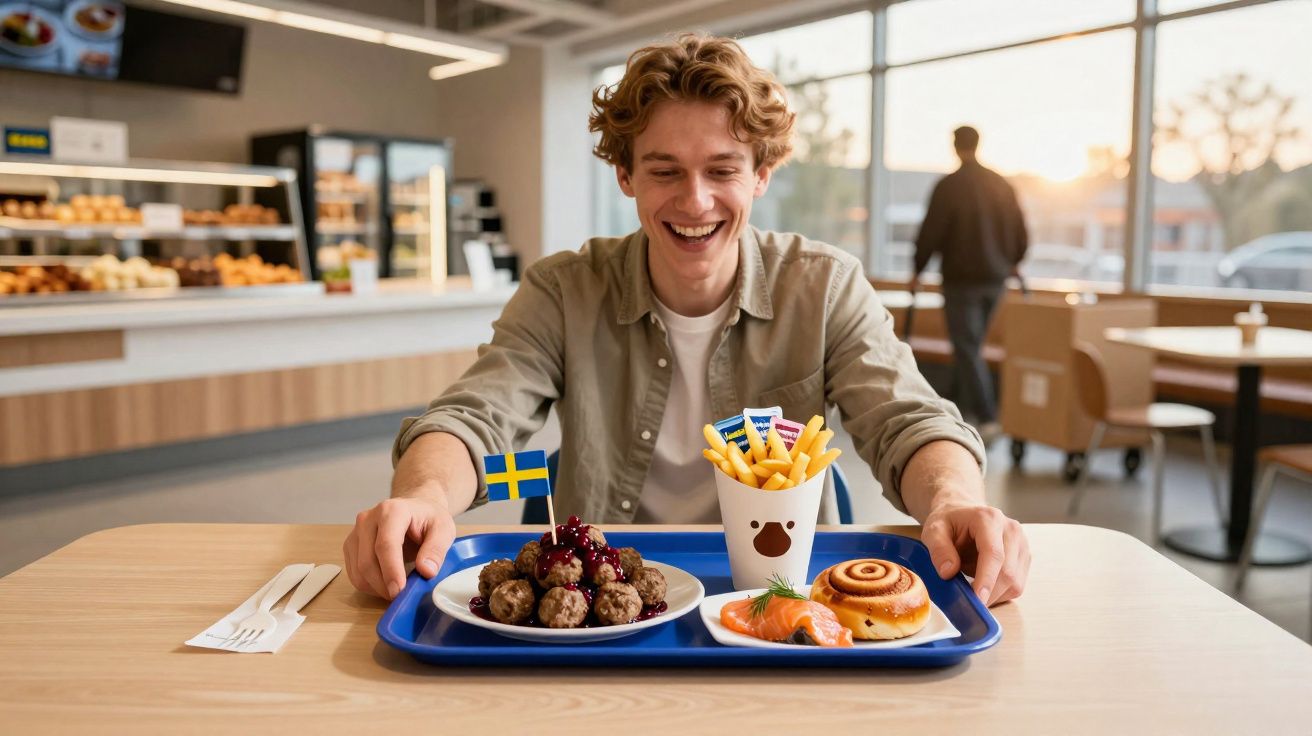 Jovem sorridente sentado à mesa com bandeja de comida sueca em restaurante iluminado.