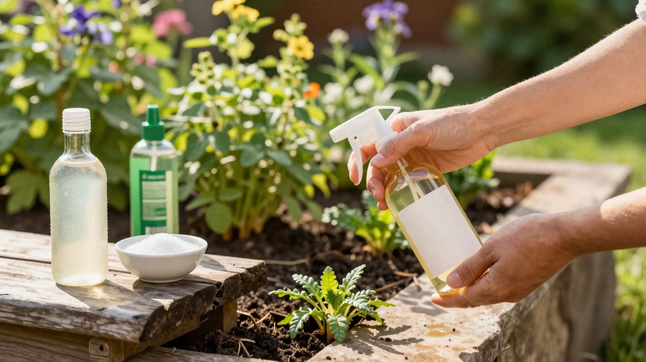 Pessoa borrifando solução caseira para plantas em jardim com flores e recipiente de vidro.