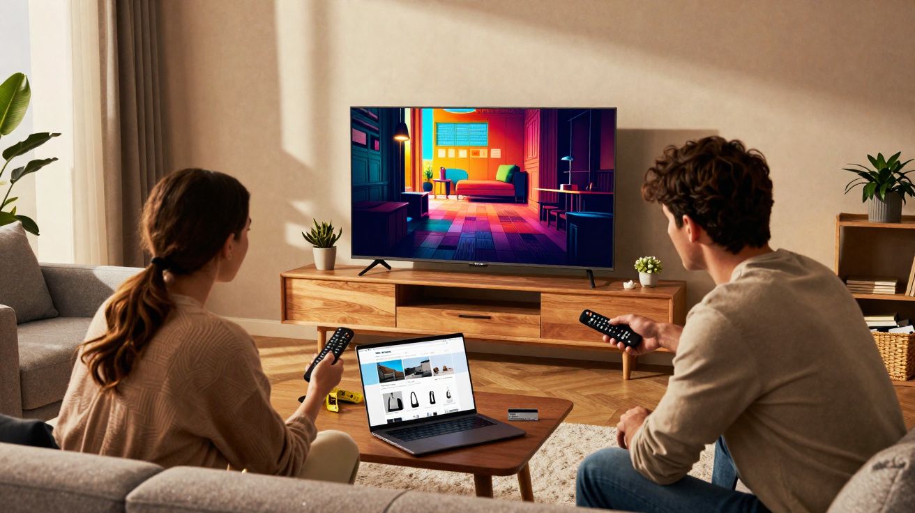 Casal sentado na sala assistindo TV e usando controle remoto, com laptop sobre a mesa de centro.