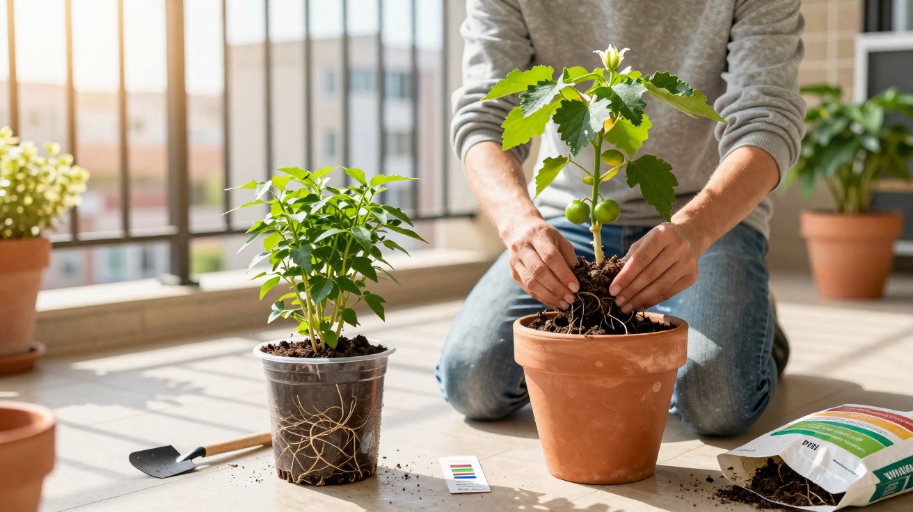 Pessoa transplantando muda de planta para vaso de barro em varanda ensolarada com vasos ao redor.