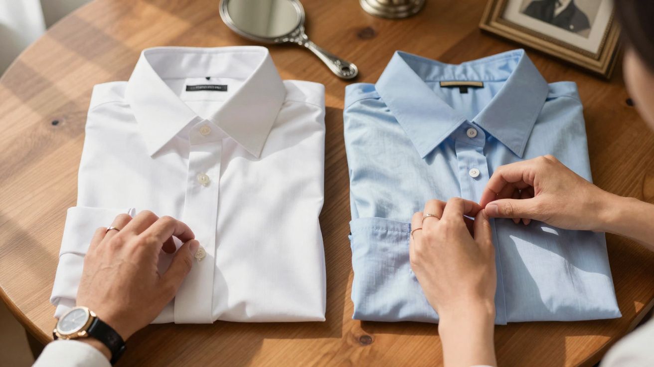 Pessoa abotoando camisas social azul e branca dobradas sobre mesa de madeira.