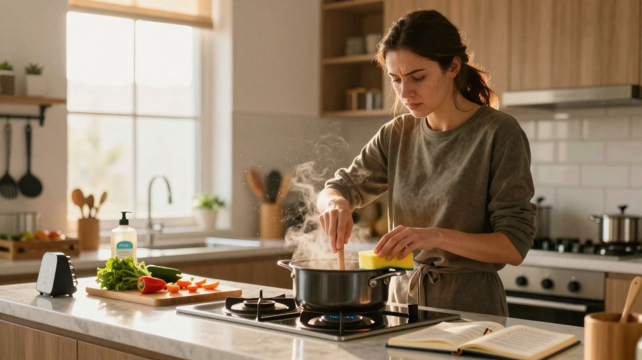 Mulher concentrada cozinhando em panela com vapor em cozinha moderna e iluminada.