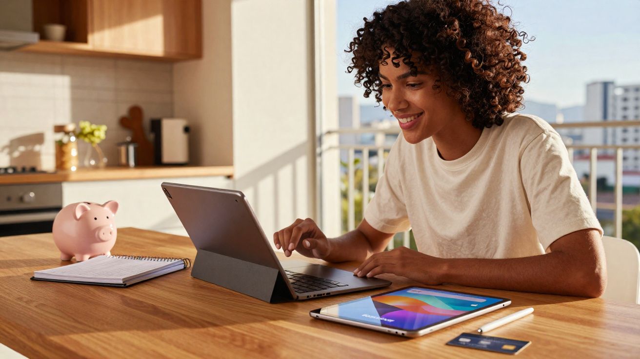Mulher jovem usando tablet com teclado em mesa, ao lado de cofrinho, caderno, tablet e cartão de crédito.