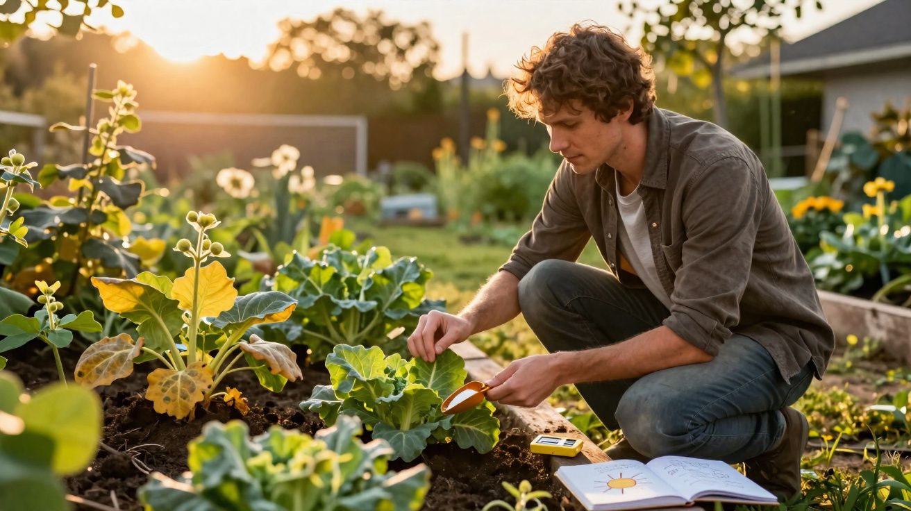 Jovem cultivando plantas em horta com ferramenta, caderno aberto e luz do pôr do sol ao fundo.