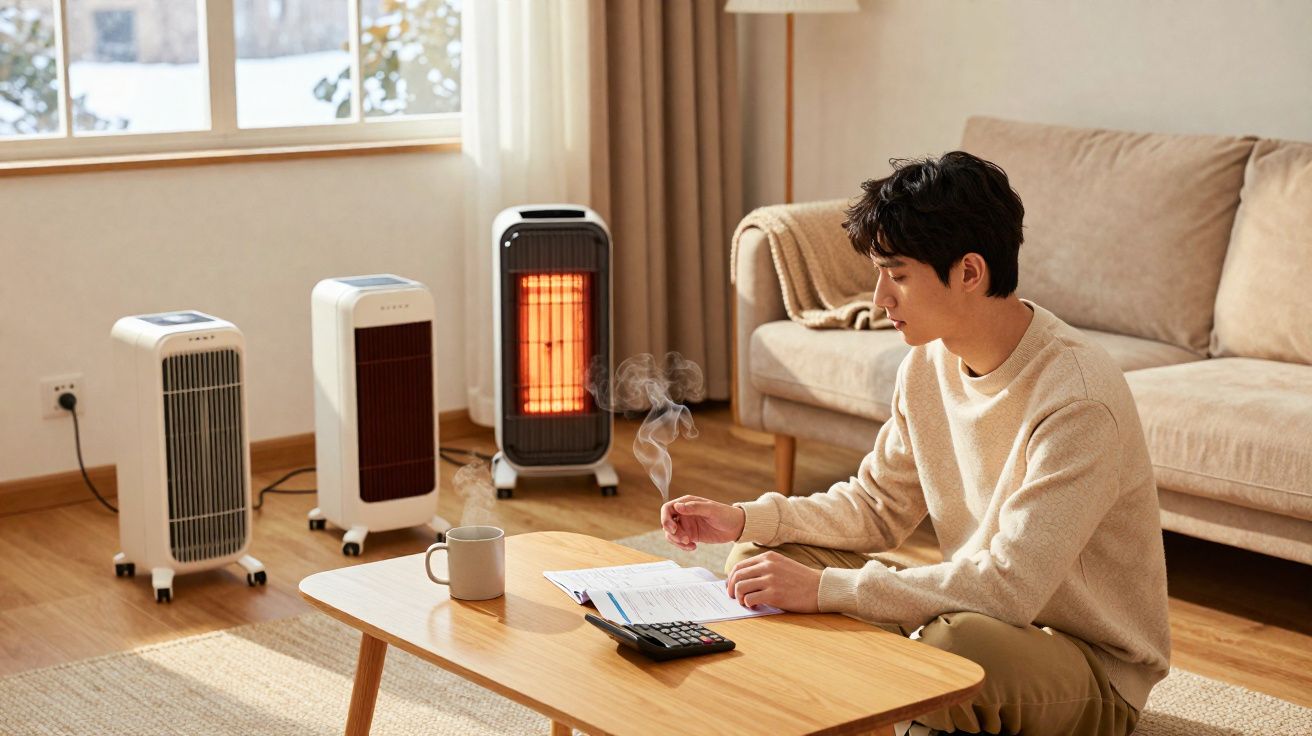Homem sentado em sala aquecida por três aquecedores, com café e documentos sobre mesa de madeira.