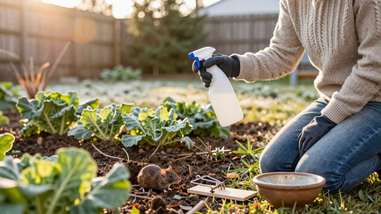 Pessoa aplicando spray próximo a rato preso em armadilha no jardim durante o dia.