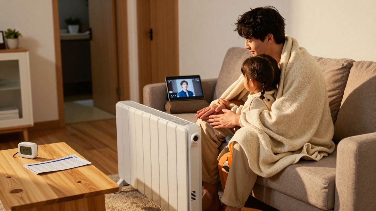 Pai e filho sentados no sofá, cobertos com um cobertor, aquecidos por aquecedor e assistindo vídeo em tablet.