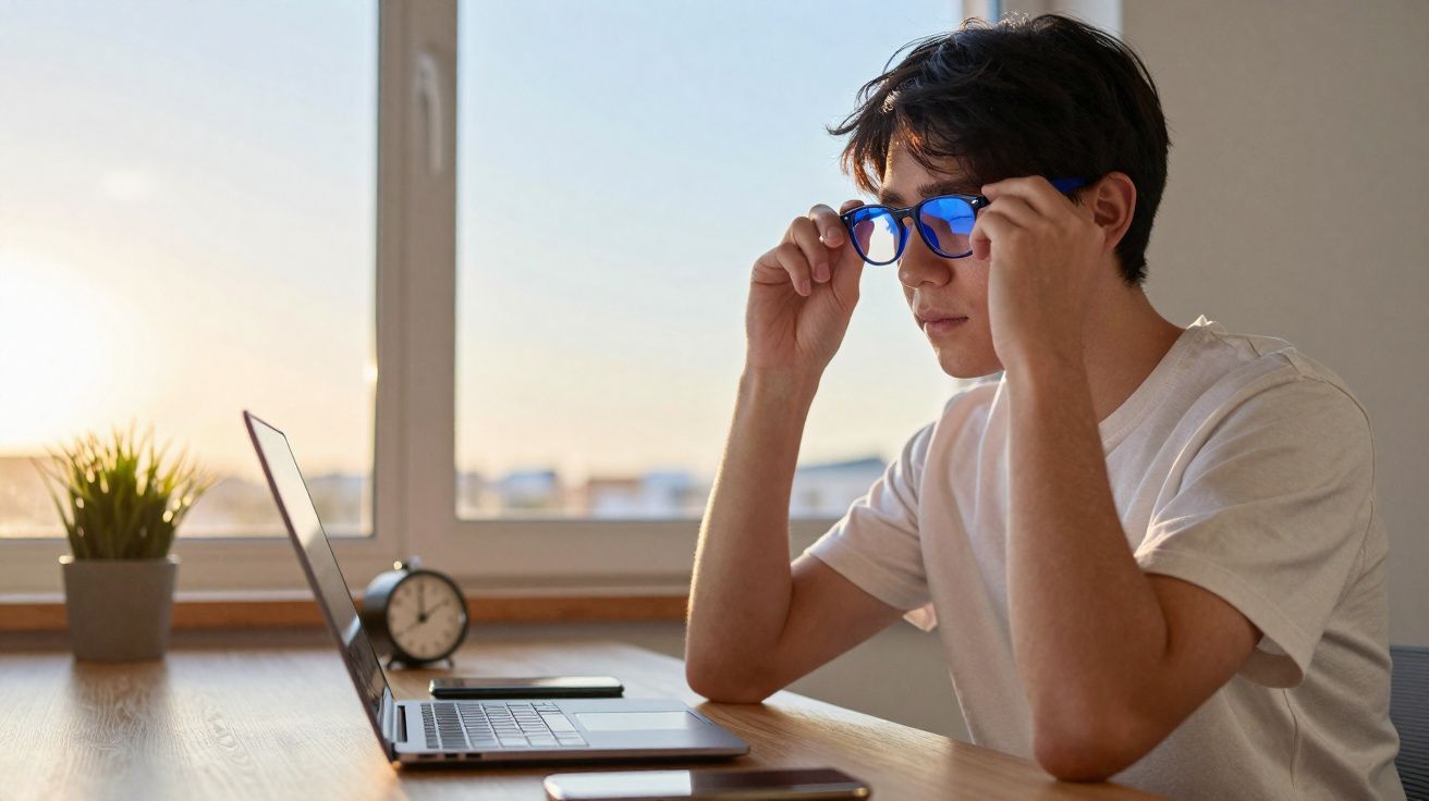 Jovem ajusta óculos enquanto usa laptop em mesa perto de janela com relógio e planta ao fundo.