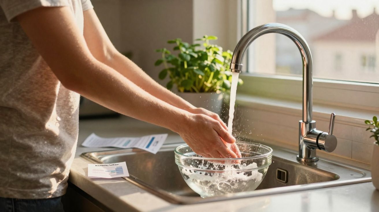 Pessoa lavando as mãos em uma pia de cozinha com água corrente e uma tigela de vidro.