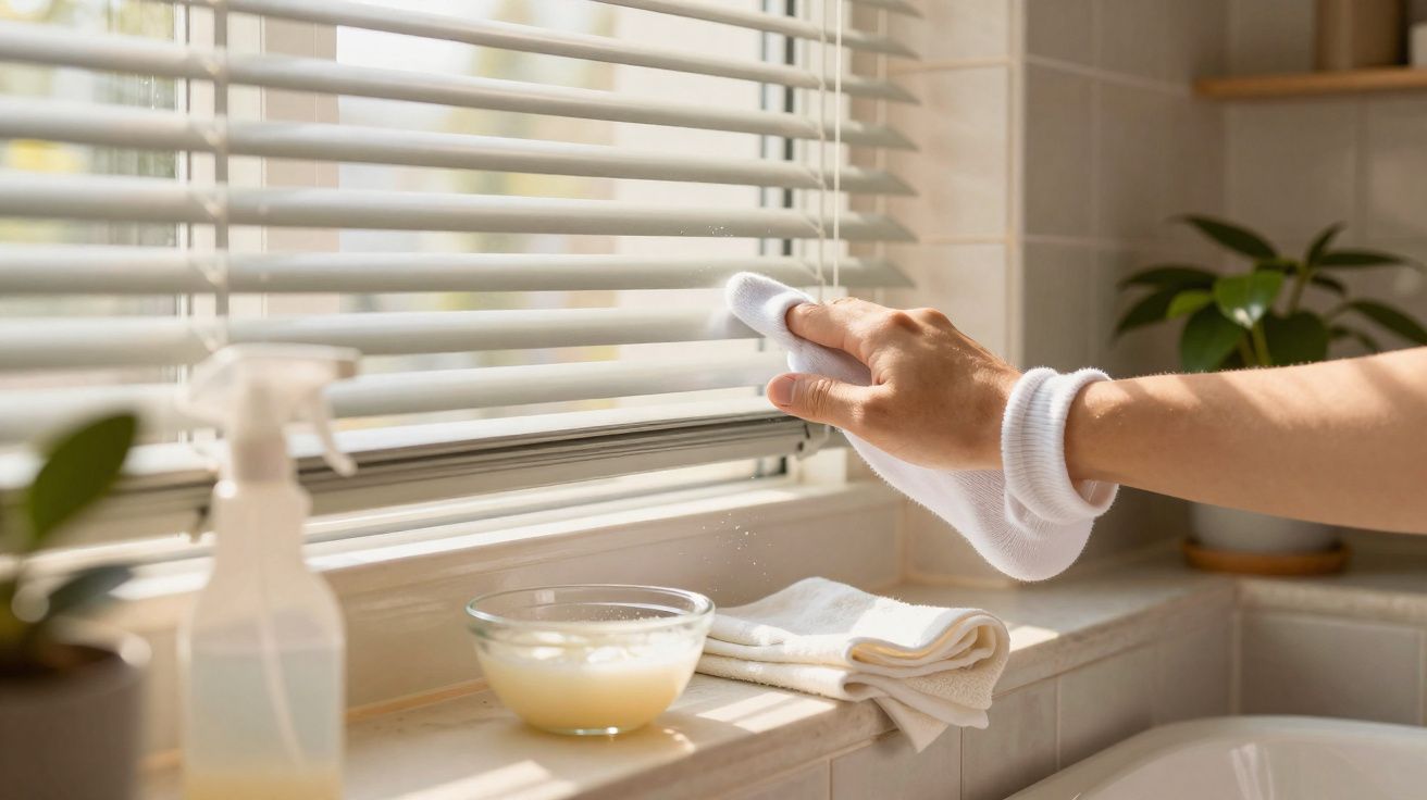 Pessoa limpando persiana branca de janela com pano branco em ambiente iluminado e plantas perto.