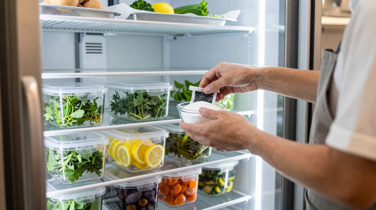 Mão feminina retirando sachê de gel absorvente de um potinho dentro de geladeira organizada com alimentos frescos.