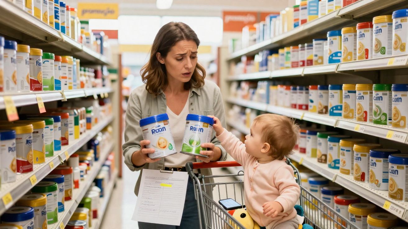 Mulher indecisa segurando latas de leite em pó enquanto criança no carrinho toca nelas em supermercado.