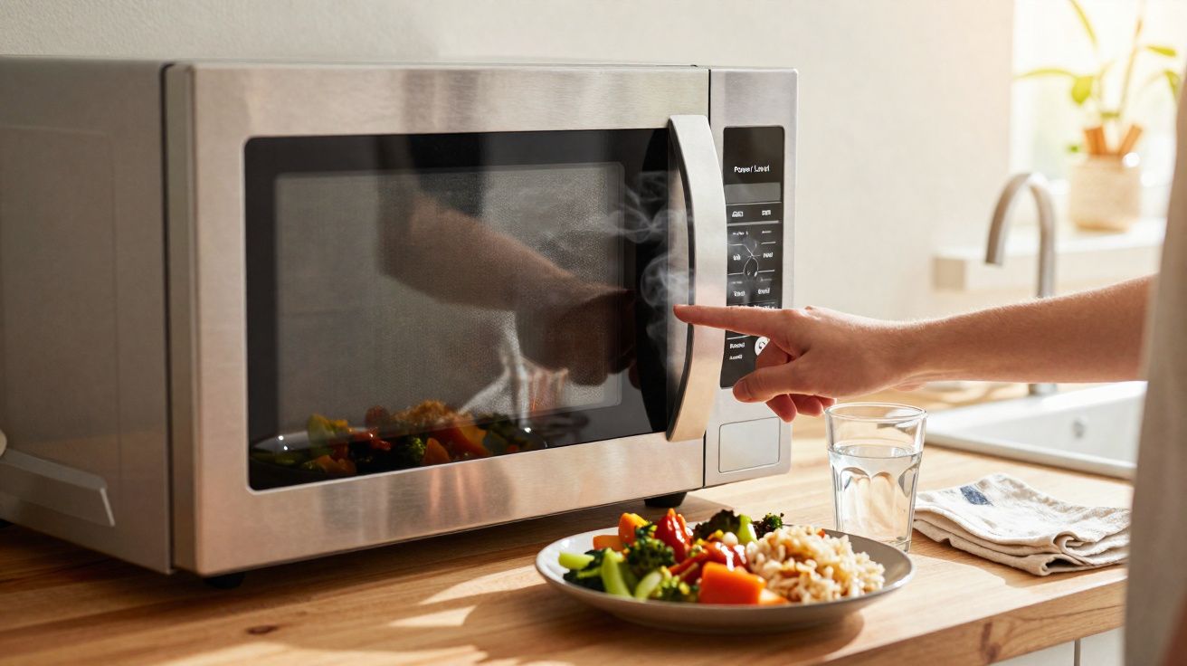 Mão abrindo micro-ondas com vapor saindo e prato com arroz e legumes na bancada da cozinha.
