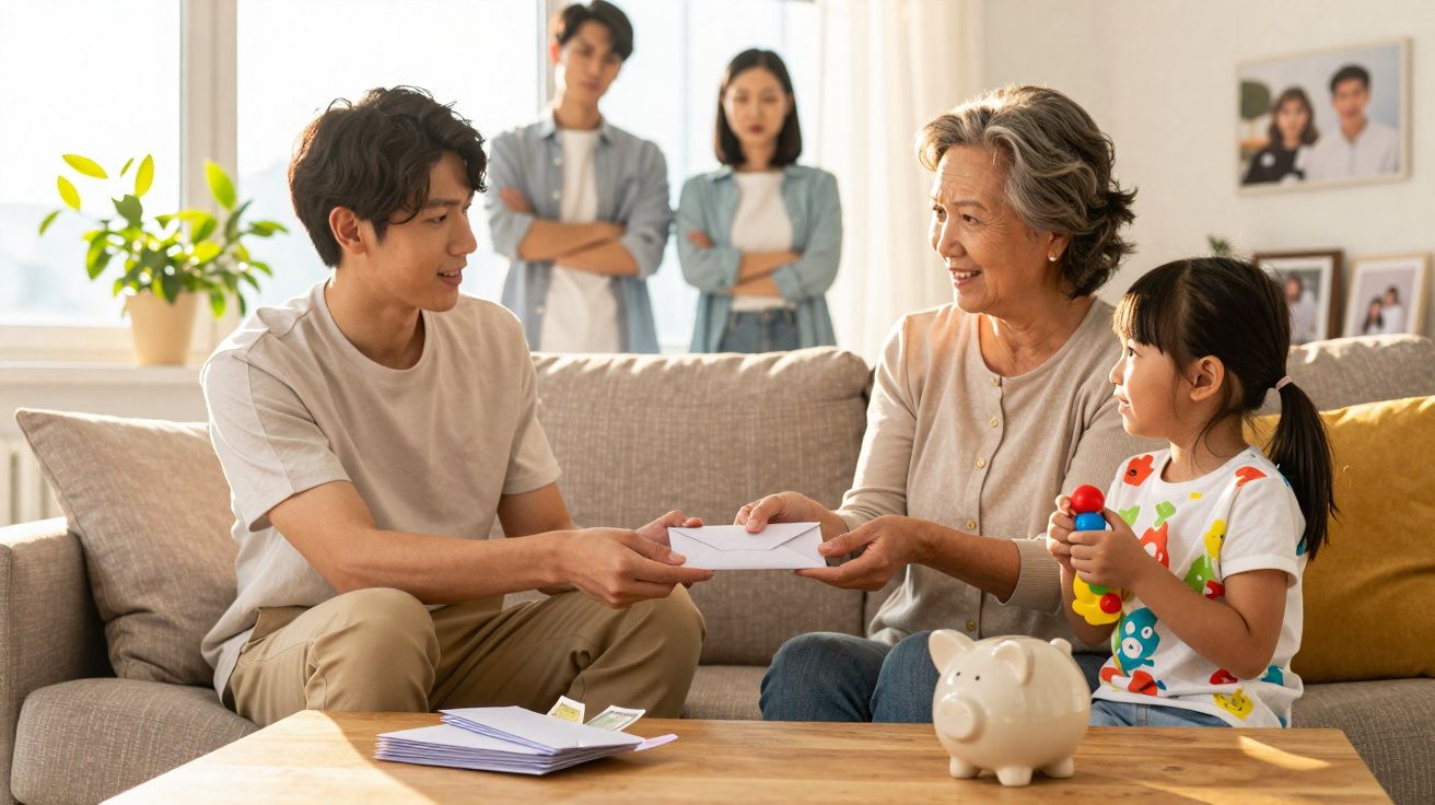 Jovem entrega envelope para senhora idosa sentada no sofá, menina observa, casal ao fundo aparenta estar preocupado.
