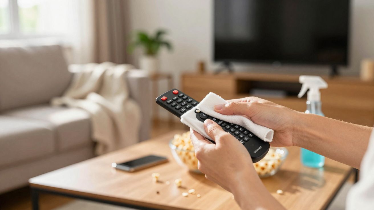 Pessoa limpando controle remoto com pano branco em sala de estar com sofá e TV ao fundo.