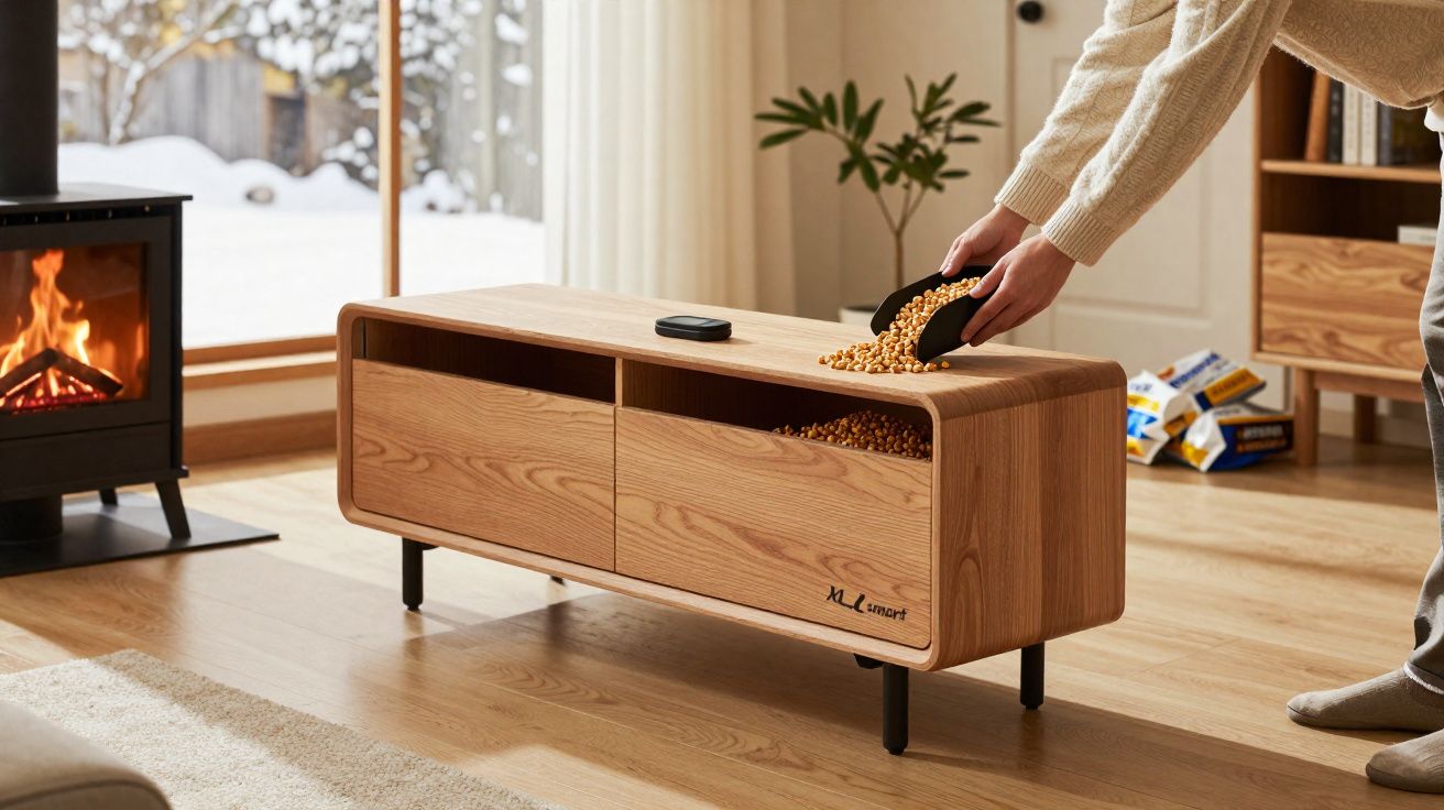 Pessoa enchendo aquecedor a pellets de madeira em sala de estar com lareira ligada e neve na janela.