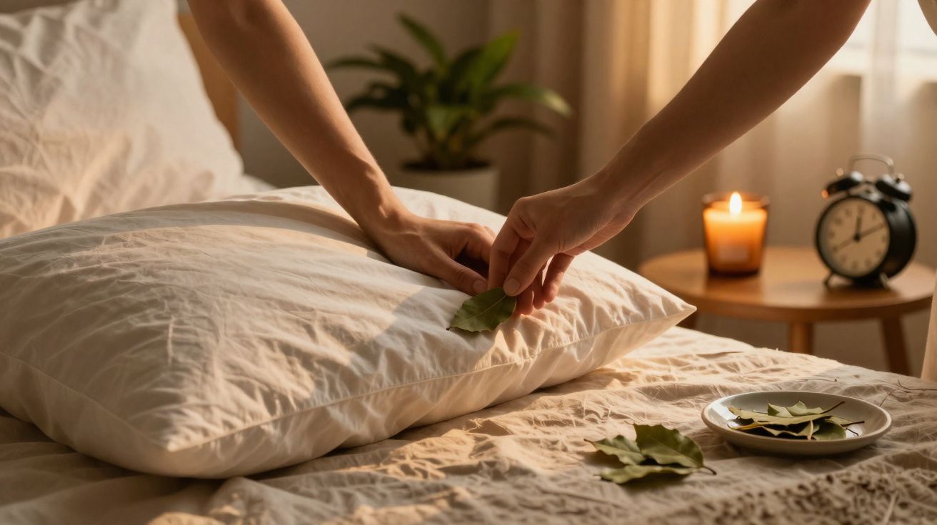 Mãos colocando folhas de louro dentro de fronha de travesseiro em quarto aconchegante com vela e relógio.