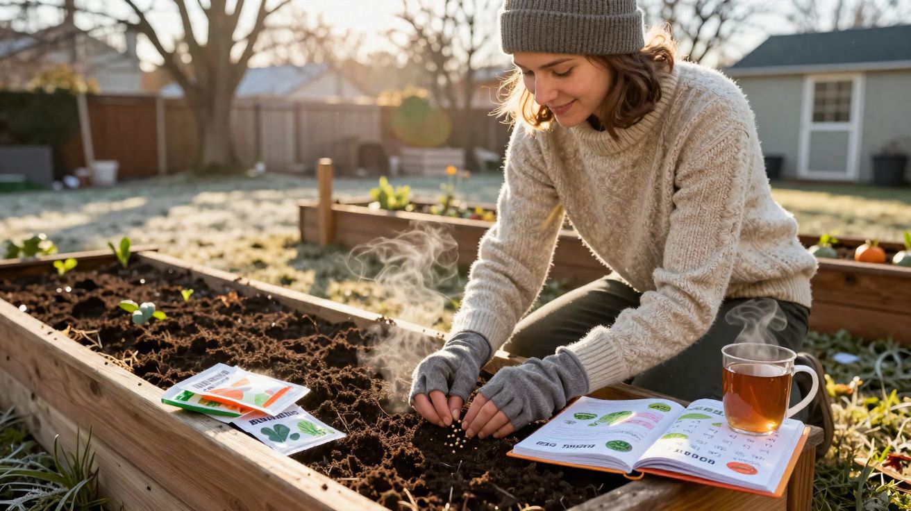 Mulher plantando sementes em canteiro de jardim com luvas, livro aberto e chá ao lado em manhã ensolarada.
