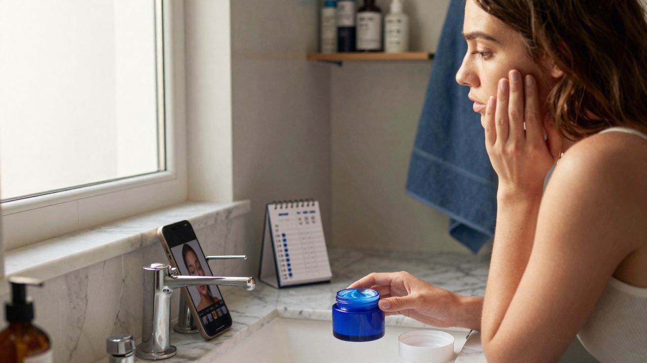 Mulher aplicando creme facial enquanto participa de videochamada em banheiro iluminado natural.