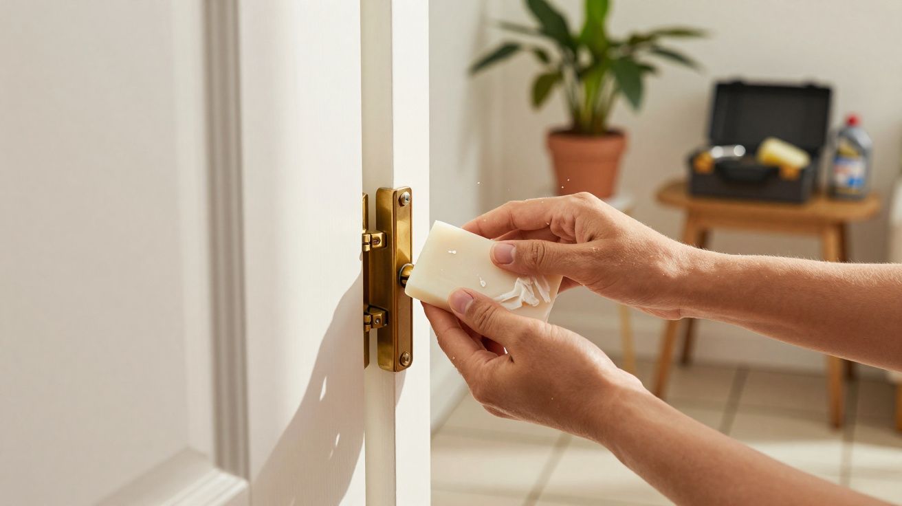 Mãos limpando fechadura dourada de porta branca com sabão em barra em ambiente interno claro.