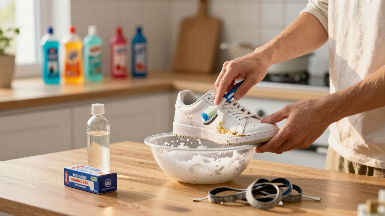Pessoa limpando tênis branco com escova, bicarbonato de sódio e líquidos em cozinha.