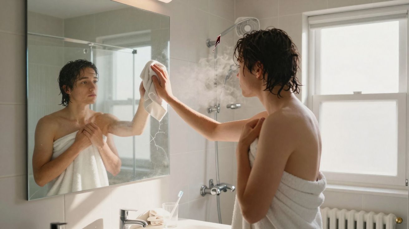 Pessoa de toalha limpa espelho embassado em banheiro com janela e chuveiro ao fundo.