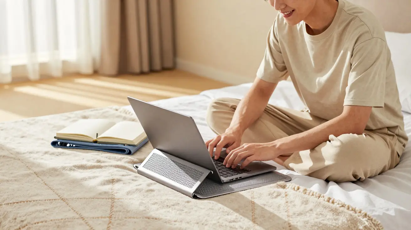 Pessoa sentada na cama digitando em notebook com caderno aberto ao lado em ambiente iluminado.