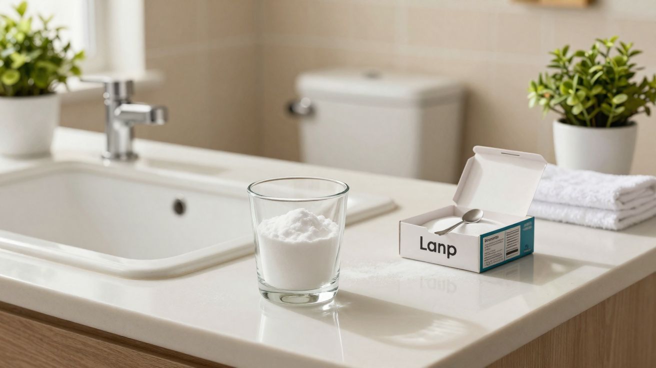 Copo com pó branco e caixa aberta de medicamento sobre bancada de banheiro ao lado de pia e plantas.