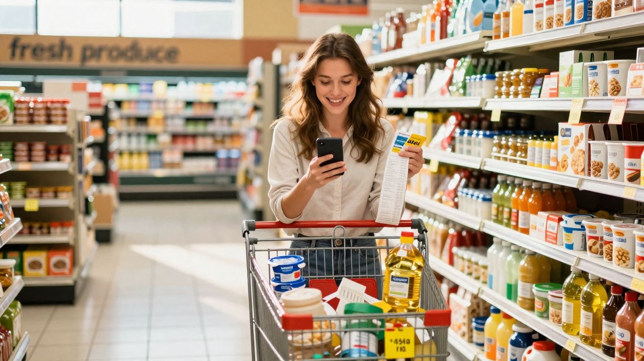 Mulher sorridente segurando lista e celular no carrinho de compras em supermercado bem iluminado.