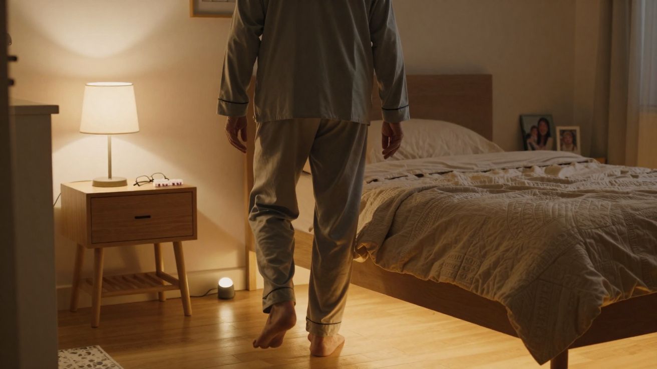 Pessoa de pijama caminhando descalça ao lado de cama em quarto iluminado por abajur noturno.