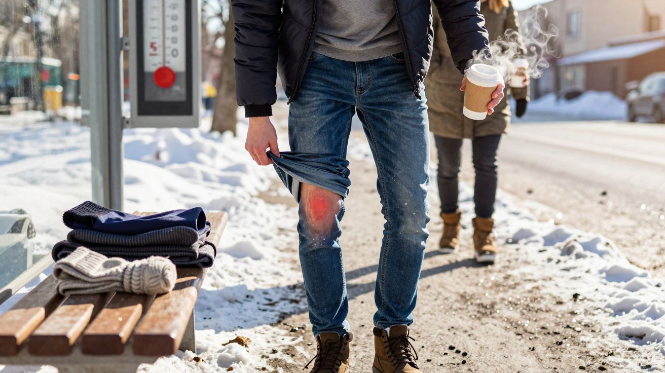 Pessoa usando calça jeans levanta a perna com área vermelha visível em ambiente frio com neve.