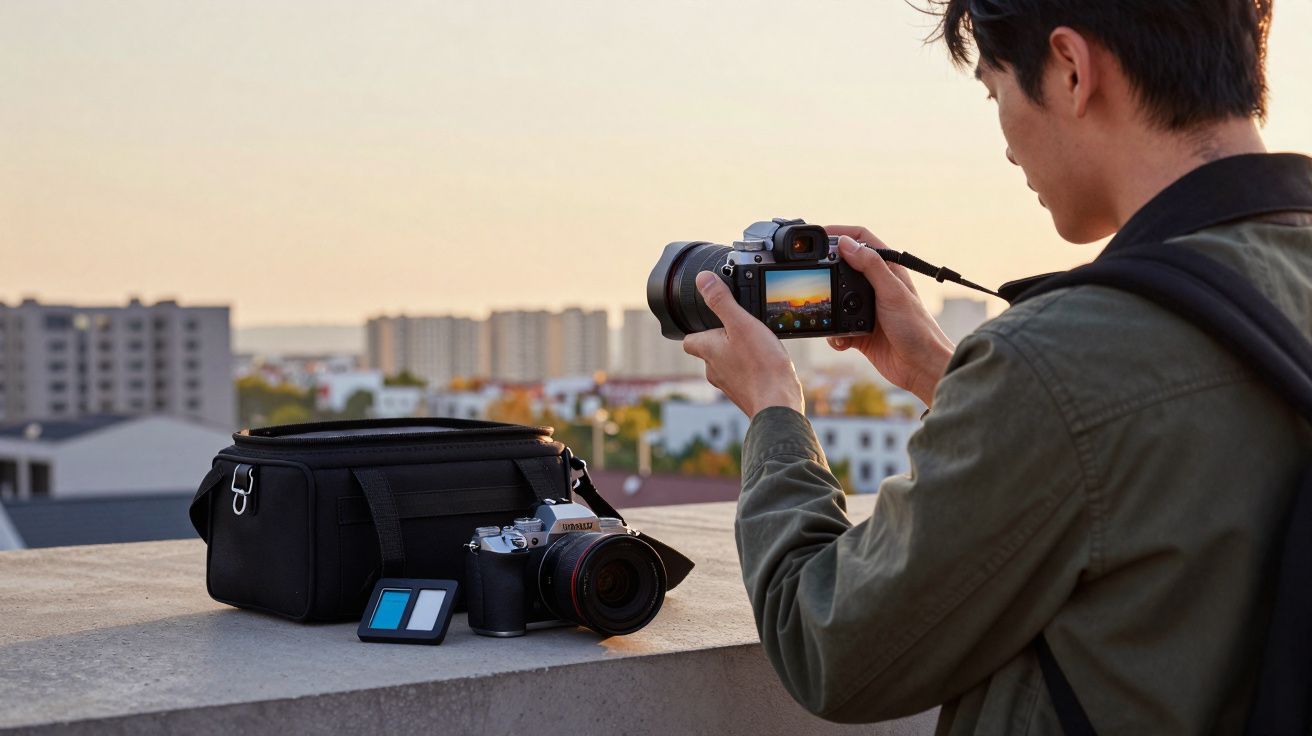 Homem usando câmera digital para fotografar o pôr do sol em área urbana, com equipamentos fotográficos ao lado.