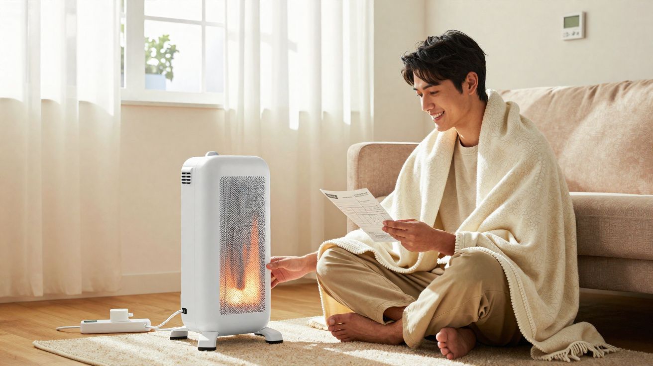 Homem sentado no chão com cobertor lendo um papel perto de aquecedor ligado em sala iluminada.