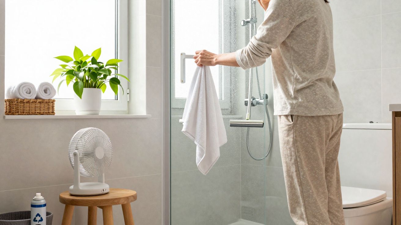 Pessoa suspende toalha branca para secar dentro de banheiro iluminado com planta, ventilador e toalhas na janela.