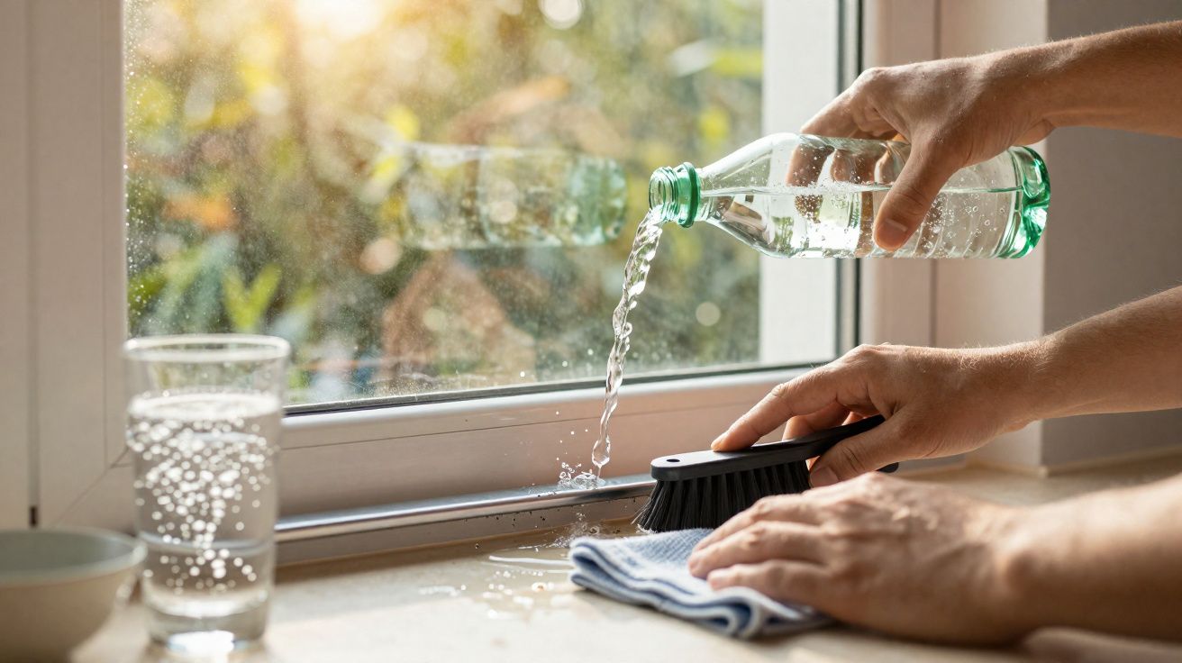 Mãos limpando o peitoril de uma janela com escova, pano e água sendo despejada de uma garrafa.