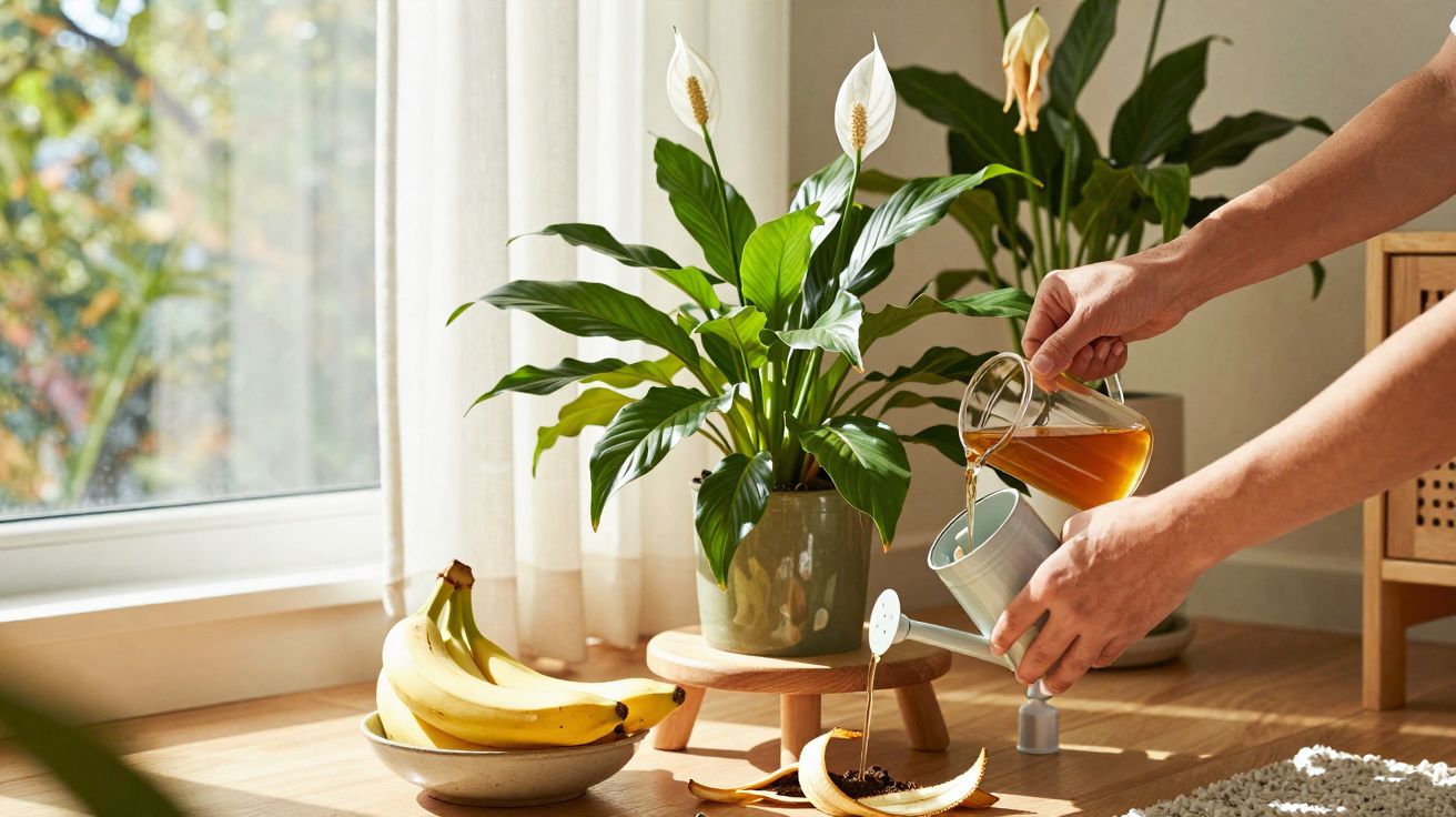 Pessoa regando uma planta com regador azul próximo a cacho de bananas em ambiente iluminado pela luz natural.