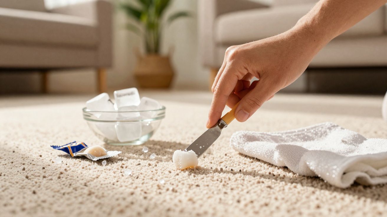Mão usando faca para limpar gelo derretido de bala e manchas em tapete bege com toalha branca.
