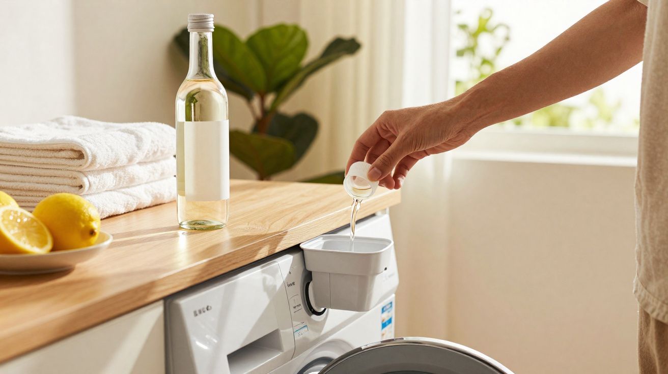 Pessoa despejando líquido em compartimento de alvejante de máquina de lavar roupas.