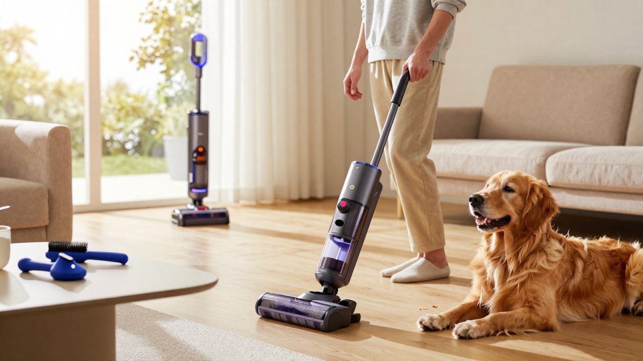 Pessoa usando aspirador vertical em sala de estar com cachorro dourado deitado no chão.