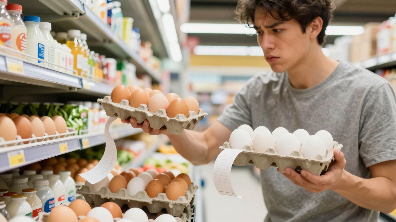 Homem caucasiano analisando caixas de ovos em supermercado, segurando duas embalagens com recibos.