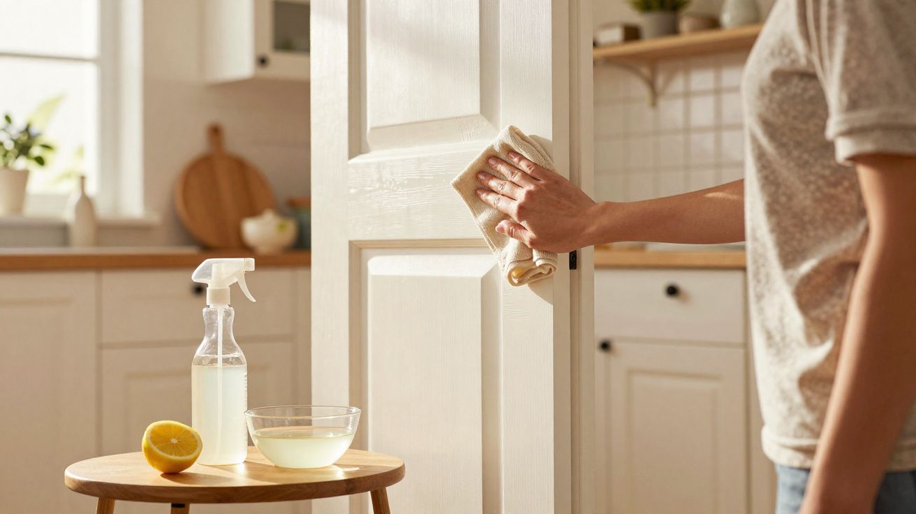 Pessoa limpando maçaneta de porta branca com pano, spray de limpeza e limão sobre mesa na cozinha.