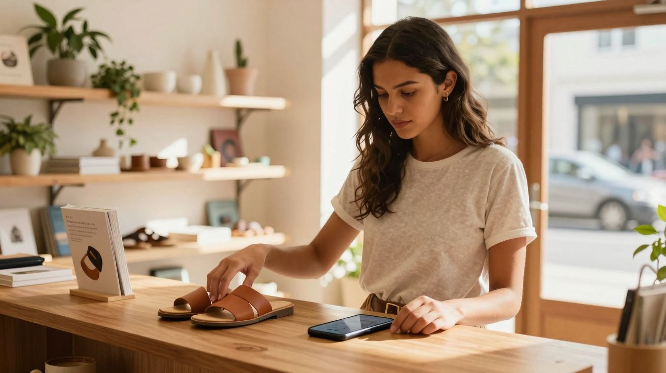 Mulher em loja relaxada avaliando chinelos marrons sobre balcão de madeira com smartphone ao lado.