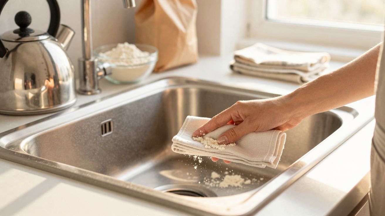 Mão segurando pano branco e limpando farinha em pia de aço inox na cozinha iluminada pelo sol.